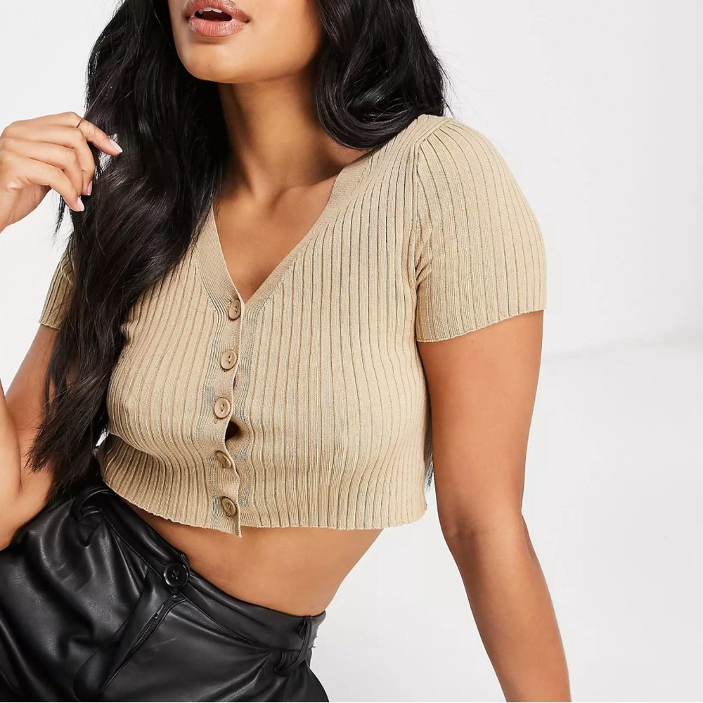 Love & Other Things cropped short sleeve cardigan in camel, S